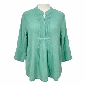 Oliphant Women's LARGE Seafoam Green Cotton Pintuck 3/4 Sleeve Tunic Top - CJ